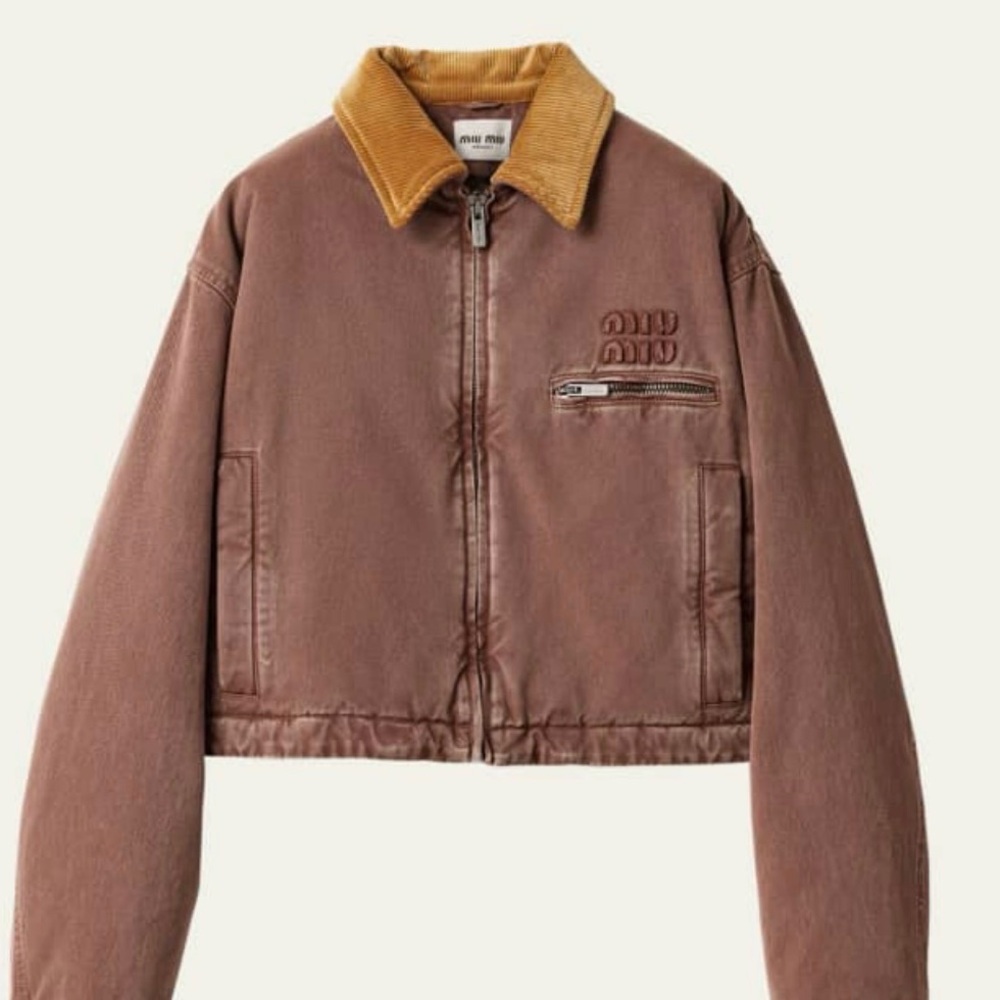 Miu Miu AUTHENTIC NEW Brown Zip-Up Corduroy Collar Crop Padded Bomber Jacket